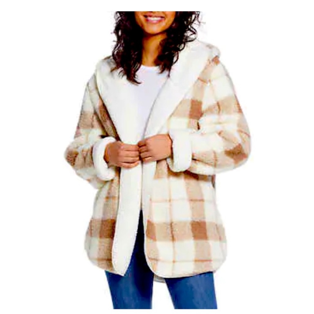 Weatherproof Beige Plaid Ivory Reversible Sherpa Hooded Cardigan S/M